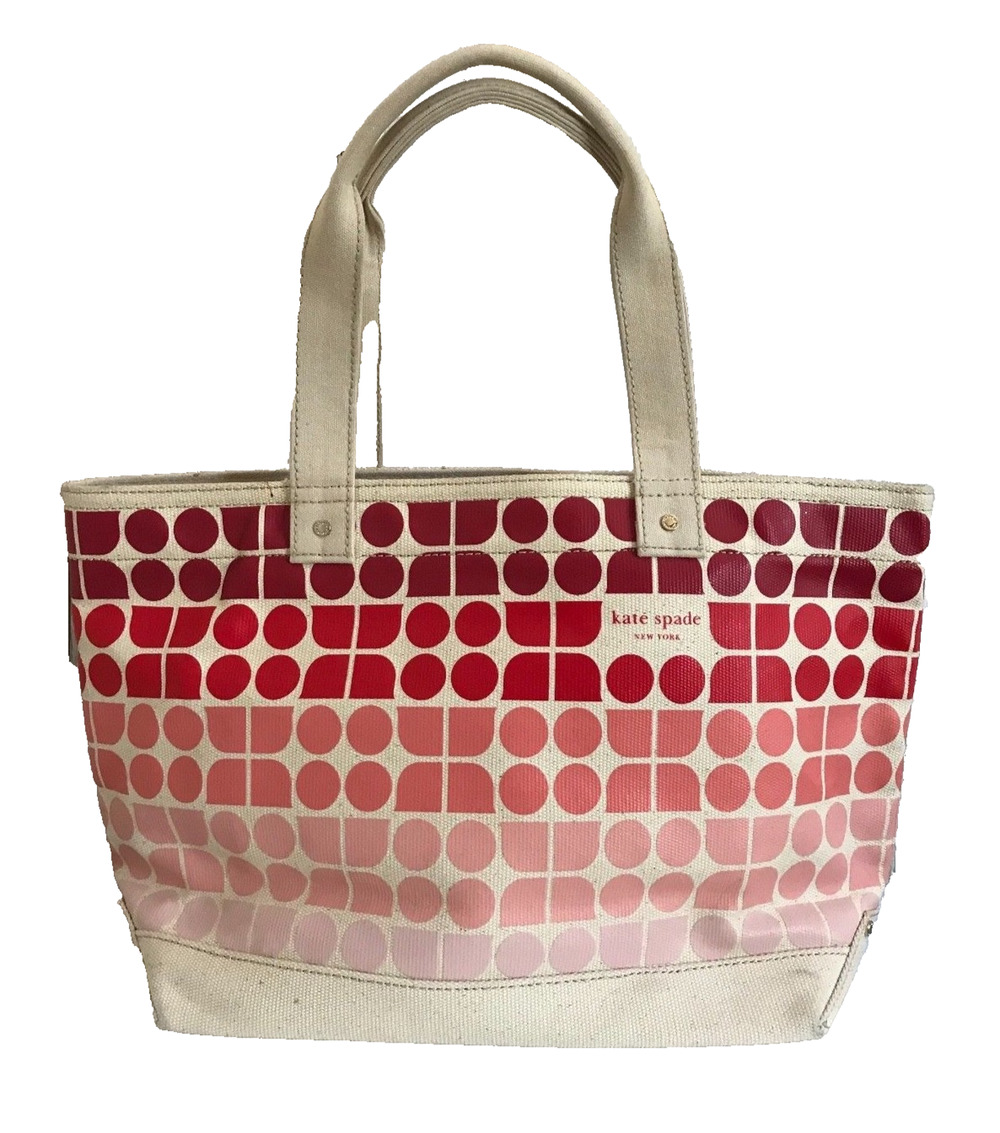 KATE SPADE New York Large Beach Canvas Tote Bag Pink Red Ombre Polka Dot Durable